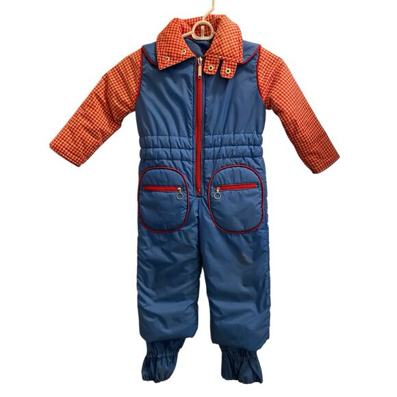 Vintage HOT GEAR Ski Snowsuit Kids Size 3T Hooded Nylon Padded Blue Red Gingham